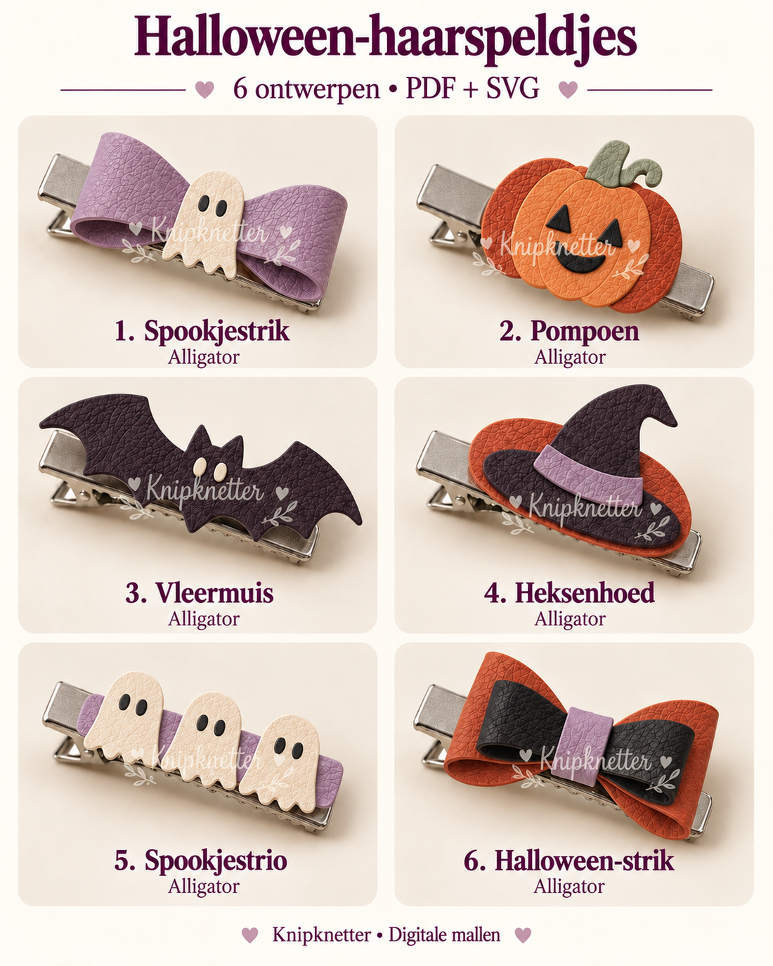 Zes Halloween-haarspeldjes: Spookjestrik, Pompoen, Vleermuis, Heksenhoed, Spookjestrio en Halloween-strik. Digitale mallen als PDF en SVG.
