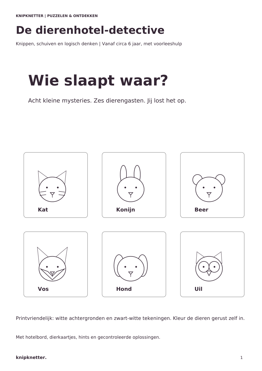 De dierenhotel-detective - zwart-wit printspel