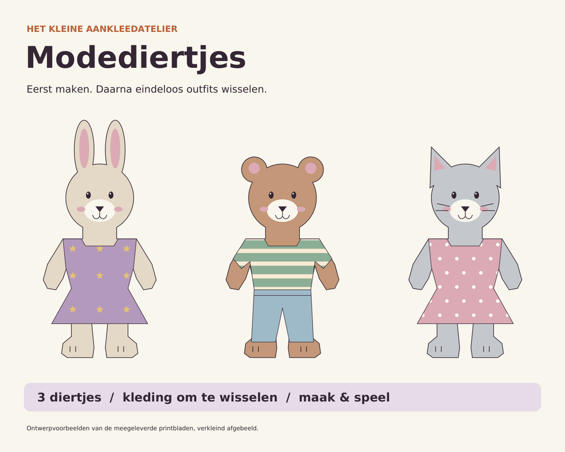 Modediertjes: konijn, beer en poes met de verwisselbare kleding uit het pakket